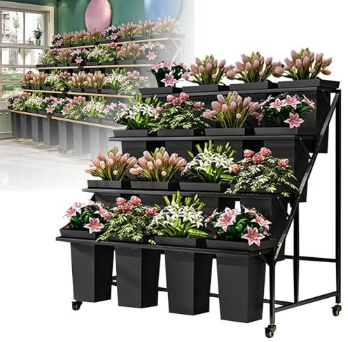 Présentoir de Fleurs, Support de Plantes, présentoir de Fleurs de Fleuriste en Fer épaissi avec Roues et Seau, étagère de Fleuriste en Fer forgé (B)