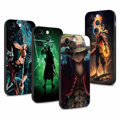 4 Pack Phone Case For iPhone 16 6.1 inch, Anime Luffy Gear 5 Nika Zoro Sun God Cartoon Manga Pattern Shockproof Soft Aesthetics Design Full lens Protection Cover for Children Boy Girl, Black