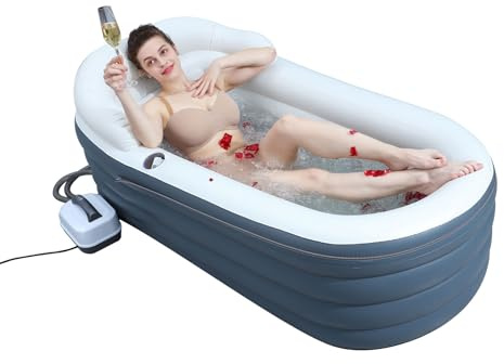 Inflatable Bathtub Bubble Massage Mat, Portable Adult Spa Bathtub, All-in-one Wavemaker and Air Pump, Adjustable Bubble Settings - Includes Remote Control, Inflatable Backrest and Atmosphere Lighting