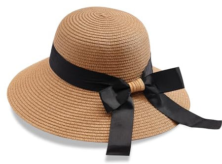 JJDreams Damen Sonnenhut Strohhut Faltbarer Strandhut Sommerhut mit Schleifende Panamahut für Reise Urlaub und Strand,Curry hell