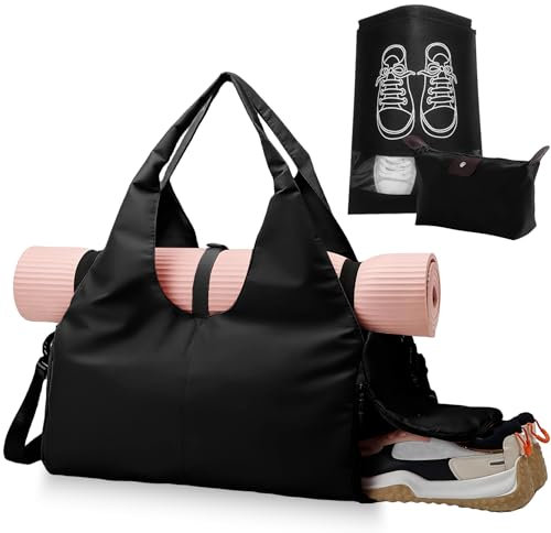 WIYETY 30L Große Schwarze Yogatasche: Wasserdicht Tragetasche Yogatasche, Sporttasche Damen, Sporttasche Reisetasche mit Schuhfach und Make-up-Organizer, Sporttasche für Yogamatten & Yoga-Zubehör