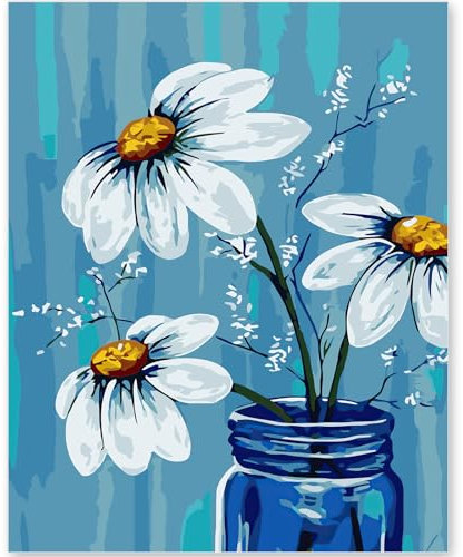 EFOTIML Paint by Numbers Kit pour adultes débutants et enfants, 1Pack 16x20 pouces Canva pour kits de peinture dans une bo?te colorée (sans cadre) - fleurs blanches et vase