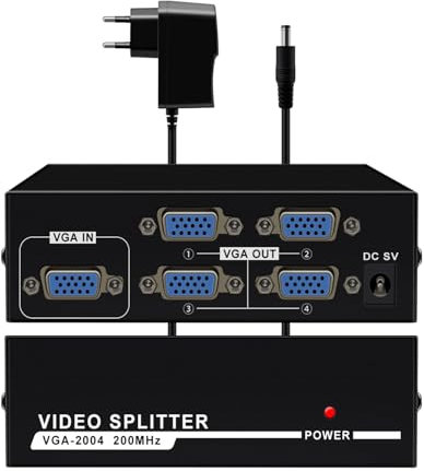 HuaLiSiJi VGA Splitter 1 in 4 Out Monitor VGA Verteiler Box 4 Port Unterstützt Breitwand 1920X1440 200 MHz mit Adattatore di alimentazione DC 5V (Schwarz)