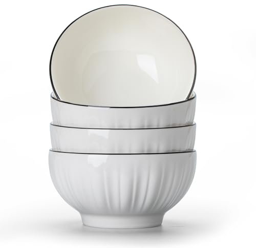 TuYines Cereal Bowls Set of 4,Ceramic Dessert Bowls, Breakfast Bowl,Ceramic White Bowl, 700 ml Serving Bowls Ideal for Ice Cream,Soup,Pasta,Salad,Noodles 15 x 8 cm (D)