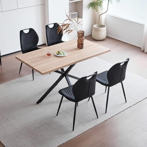 JZGORC Esstisch mit 4 Stühlen Esszimmer-Set,140 * 78 * 77 cm Rechteckiger Esstisch aus Holz,4 Stühle mit hoher Rückenlehne, Schwarze Meta-Beine,Hellbrauner Tisch+Schwarze Stühle