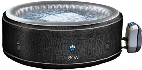 JUNG Boa Design Whirlpool aufblasbar Rund, Krokodil-Optik, 5 Personen SPA Selbstaufblasend, beheizter Pool Outdoor & Indoor, Ø 195cm, 130 Wellness Luftdüsen