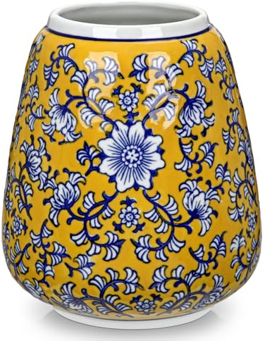 Hollyone Gelb und Blau Porzellan Vase Vintage, 18cm Klein Keramikvase für Heimdekoration, Moderne Keramik Deko Vasen für Blumen, Kleine Blumenvase für Tischdeko, Wohnzimmer, Badezimmer, Küche