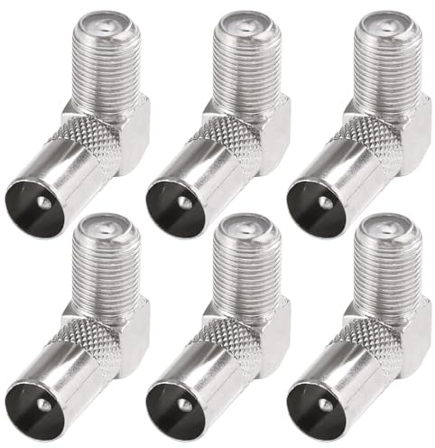 KUOQIY 6 PCS 90 Degree F Female Plug to RF Male Coaxial Aerial Adapter, TV 9.5 Male to F-Type Female Right Angle Converter, Nickel-Plated