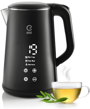 EUREL GV74 Wasserkocher, 1,6L Edelstahl, Schwarz | Temperatureinstellung, LED-Touch-Display, Temperaturwahl 30–80°C, Warmhaltefunktion, Schwanenhals