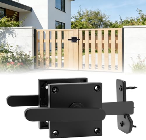 HISUEKIG Double Sided Gate Latch, Heavy Duty Garden Gate Latch for Wooden Gates, Aluminum Black Shed Door Latch, Double Side Handle for Yard, Fence, Garden, Pool Gate