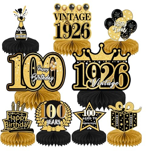 Bienenwaben Tischdeko für 100. Geburtstag, 9-teiliges Set für Geburtstag & Jubiläen, Premium Papier-Dekoration für Geburtstagsfeiern, Tischdekoration Männer/Frauen, Party Deko Zubehör für Geboren 1926