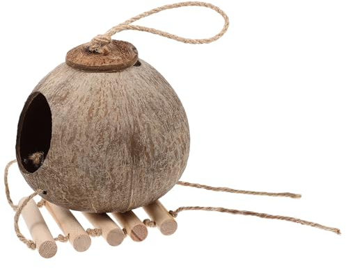 NUOBESTY Vogelnest aus Kokosnussschale Hängendes Schlafnest mit Holzleiter Dekoratives und Multifunktionales Nest für Vögel und Haustiere im Kreativen Design