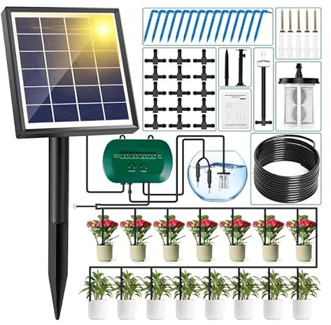 MULEVIP Irrigazione Automatica Energia Solare,Kit Irrigazione Giardin,Kit Irrigazione a Goccia con Timer e Tubo Lungo 15M,Sistema Irrigazione Automatica Vasi per Piante in Vaso in Soggiorno,Balcone