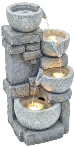 Outsunny Fuente de Agua Decorativa con Iluminación LED y Bomba Gris | Fuente de Jardín Exterior en Cascada de 4 Niveles, Flujo Ajustable, Resistente a la Intemperie, para Jardín, Terraza