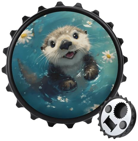 Abrebotellas magnético 2 en 1 con diseño de nutria marina flotando en el agua, 3 pulgadas, imanes de nevera, abrebotellas de cerveza y refrescos