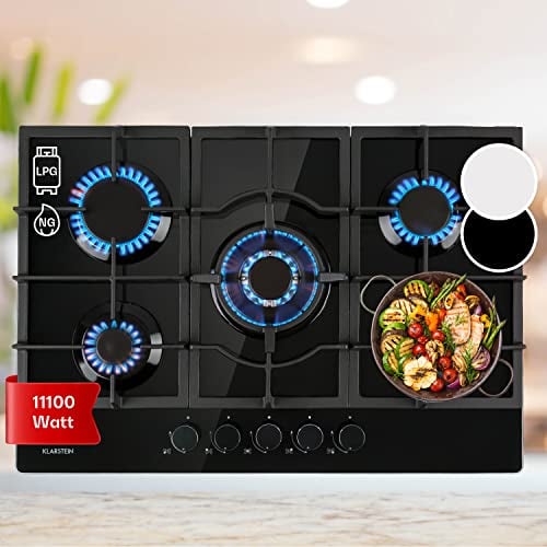 Klarstein Cocina de Butano, Placa 5 Fuegos para Encimera, Potencia 11100W, Integrada en Acero y Cristal, Fogones para Cocinas, Encimera de 5 Anillos GPL