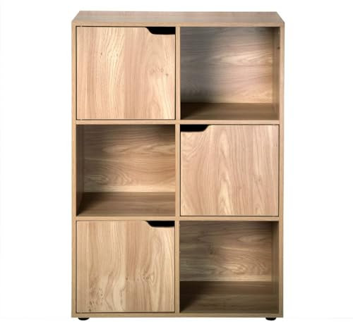 Calicosy - Meuble 6 Cases Décor Bois - MDF - 3 Portes Modulables - Bibliothèque Fine - Colonne De Rangement - Solide Et Fonctionnel - Chambre, Séjour, Bureau - Contemporain - L 60 x l 29 x H 90 cm