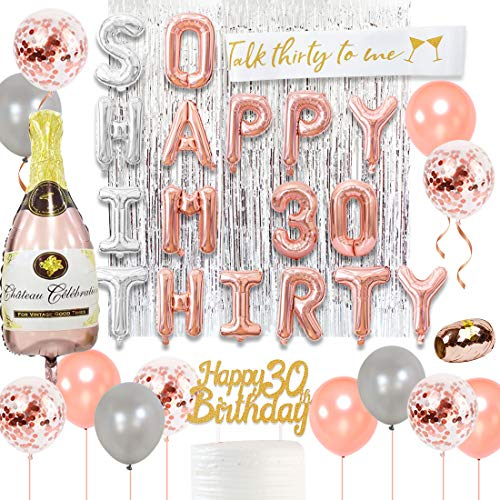 Kreatwow 30. Geburtstag Dekorationen Roségold mit so viel Glück, ich bin dreißig Luftballons, sprich dreißig mit mir, Schärpe, Cake Topper für Frauen, Dirty Thirty Party