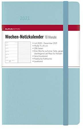 Wochen Notizkalender 18 Monate klein Azure 2021 - Taschen-Kalender 9x14 cm - mit Verschlussband & Falttasche - Juli 2020 bis Dez 2021 - Weekly - 128 Seiten