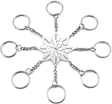 PiercingJak 8Stk Puzzle Schlüsselanhänger mit Gravur Stern Spitzer Partner Freundschafts Anhänger aus Silber Edelstahl Schlüsselring Personalisierte BFF Geschenke für 8 Personen