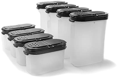 Tupperware Spice giant 270 ml (4) black + dwarfs 120 ml (4) black spice containers.