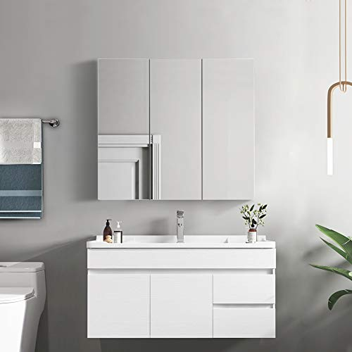 TUKAILAi 3 Doors Bathroom Mirror Cabinet Wall Mounted Storage Cupboard Bath Cabinet Shelf Organiser Storage Waterproof Wooden Frame