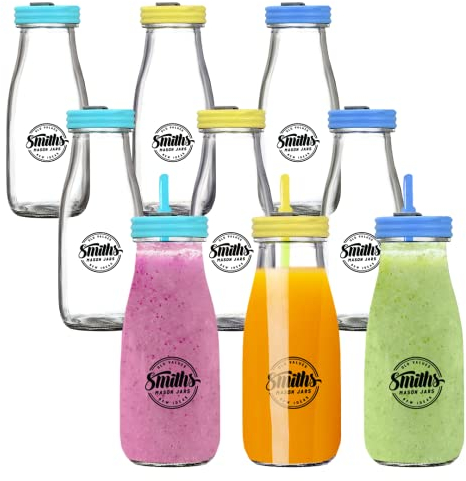 Smiths Mason Jars Set mit 9 Mini-Milchflaschen aus Glas, 300 ml, Spritzschutzdeckel und wiederverwendbare Trinkhalme für Kinder | für den allgemeinen Gebrauch von Kindern zu Hause