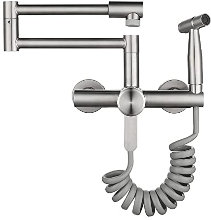 SJQKA Robinet Mural Cuisine Avec Douchette,Matériau En Acier Inoxydable 304, Mode Double Sortie, Robinet Evier De Cuisine Mitigeur Mural Cuisine Avec Douchette (Nickel Brossé)