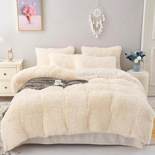 Plüsch bettwäsche 155 x 220 Kuschel und Flauschig Fleece Flanell Warm für Winter mit Langhaar (Beige, 155x220cm + 80x80cm 2tlg)