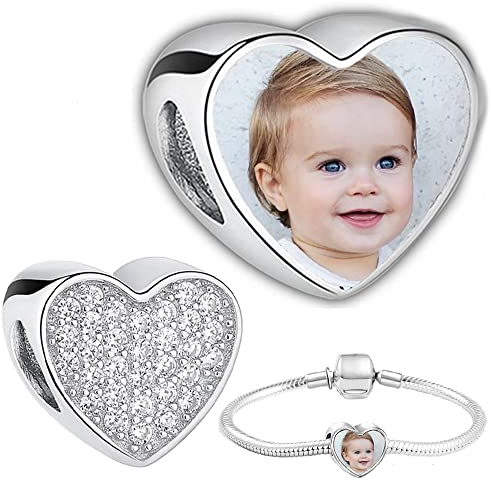 2Burned Silber 925 Personalisierter Schmuck Foto-Charm – Kompatibel mit Europäisches-Armbändern, Liebe Herz Personalisiertes Geschenk – Fügen Sie Ihr Bild hinzu Zirkon