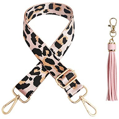 1 bandoulière en métal avec Boucle en Forme léopard avec 1 breloque à Pompon, bandoulière Rechange réglable, bandoulière Sac à Main, bandoulière Ordinateur Portable, Sangles Sac en Nylon Toile (Rose)