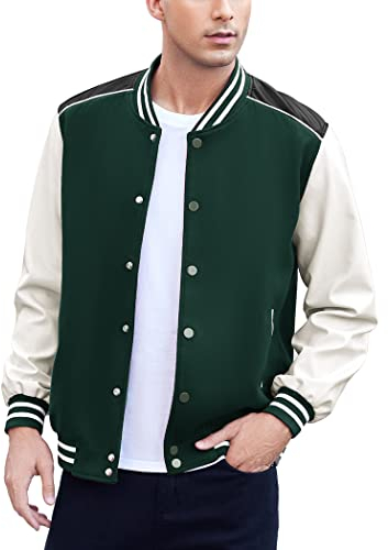 COOFANDY Herren-Bomberjacke mit Lederärmeln, Baseballjacke, Letterman, Bomberjacke, Dunkelgrün, M