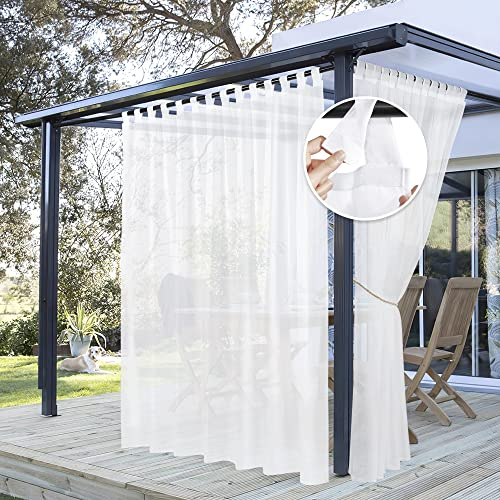 PONY DANCE Outdoor Gardinen Weiss Transparent Outdoor Vorhang Wasserabweisend Terrasse Vorhänge mit Abnehmbaren Schlaufen Außenvorhang Balkon & Pavillon, 1 Stück H 243 x B 254 cm