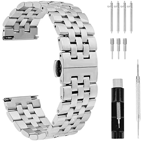Cobee Dicke Edelstahl Uhrenarmbänder, robuste, verbundene, polierte Metall Uhrenarmbänder mit Butterfly Verschluss, Schnellverschluss Armband aus massivem Stahl (20 mm, Silber)