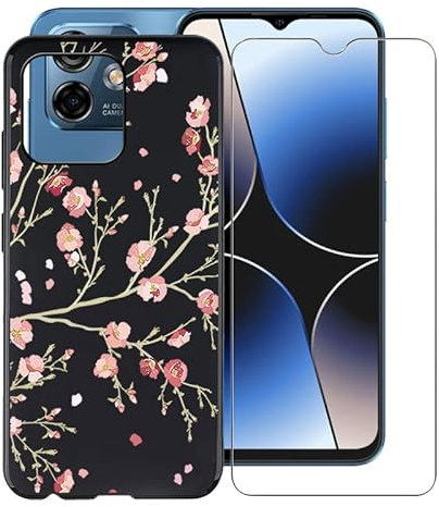 KJYF Coque pour Ulefone Note 16 Pro (6.52), avec [1 x Protecteur D'écran en Verre Trempé], Noir Mince Antichoc Souple Silicone TPU Housse Etui, pour Ulefone Note 16 Pro Cover Case - Fleur