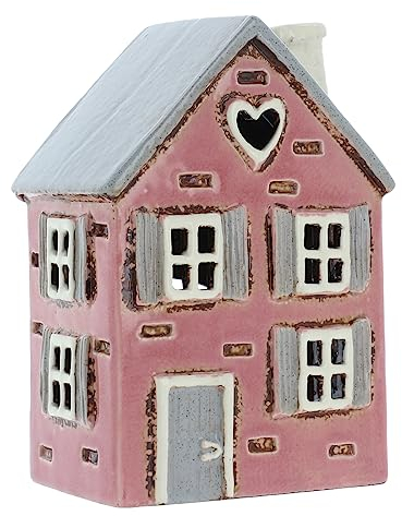 Shudehill Giftware Ceramic Village Pottery Teelichthalter „Shutter House“ in Rosa, schönes Geschenk zur Einweihung, Wohndekoration, Kerzenhalter