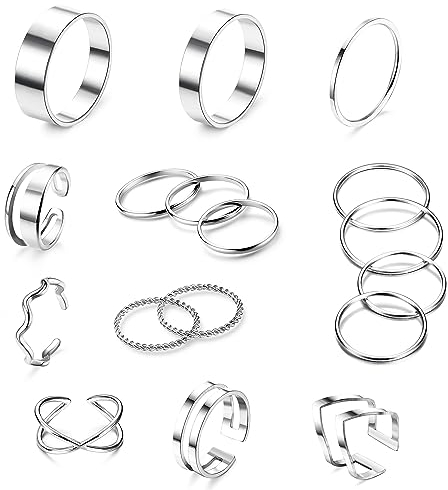 JeweBella 17 Stück Ringe Damen Edelstahl Plain Band Twist Offene Knöchel Ringe Set Einfaches Stapelbarer Midi Daumen Finger Ringe Silber/Gold