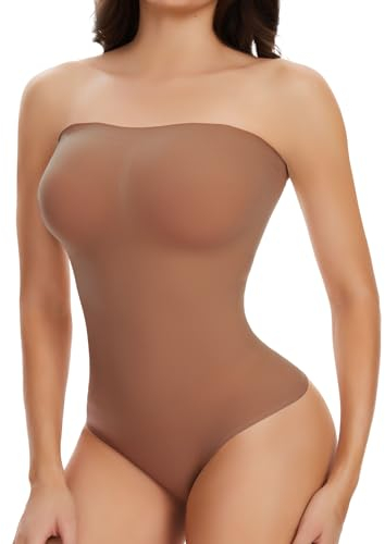 Joyshaper Damen Trägerloser Body Thong Shapewear Bodysuit mit Abnehmbarer Trägern Bauchweg Body Shaper Taillenformende Miederbody Braun M