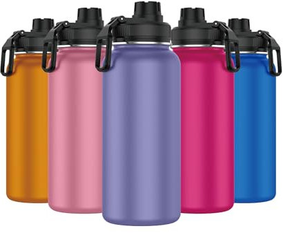 Mi Ko Mi Ka Botella de Agua de Acero Inoxidable - Botella Térmica Reutilizable Deportiva | Sin BPA | Mantiene Frio y Calor | Termo y Hermética - A Prueba de Fugas (1 Litro V2, Lila)