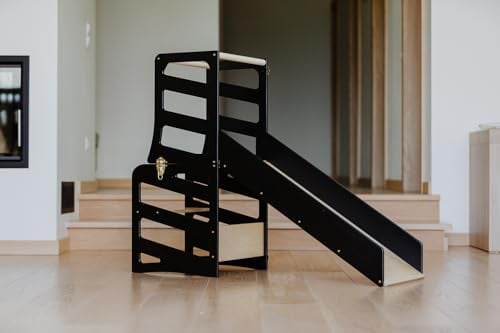 Weco Kinder-Lernturm 3 in 1 Streifendesign mit Rutsche Schreibtisch Rutsche Montessori Möbel Küchenhelfer klappbar (Schwarz)