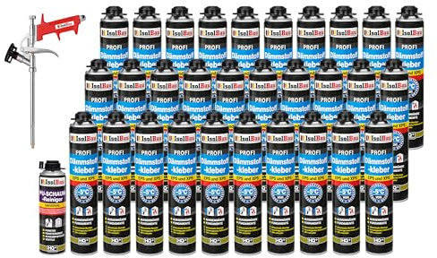 Isolbau B2 Lot de 30 tubes de colle périmétrique de 750 ml, 1 nettoyant en mousse polyuréthane et 1 pistolet à mousse pour panneaux EPS et XPS – Mousse adhésive en polyuréthane 1K pour isolation et