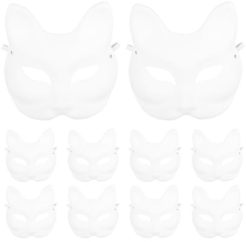 PATKAW 10 Stück Katzenmasken zum Bemalen,Leere Maske mit Elastischer Kordel, Katzen Masken zum Bemalen,Weiße HalbmaskenDIY Katzen Masken für Halloween Karneval Party