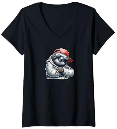 Damen Faultier Sloth in Hip Hop Rapper Cap T-Shirt mit V-Ausschnitt