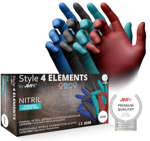 AMPri Guanti in nitrile colorati, mix di colori, 96 pezzi/scatola, taglia XS, senza polvere, stile 4 Elements by Med-CComfort: guanti monouso in nitrile nelle taglie XS, S, M, L, XL