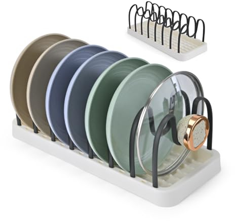 Clove Organizador Platos Cajón Cocina, Organizador de Platos Armario Plástico sin BPA, Ajustable Soporte Platos Vertical 7 Compartimentos, Bandeja Escurreplatos Seca Platos Escurridor Blanco Negro