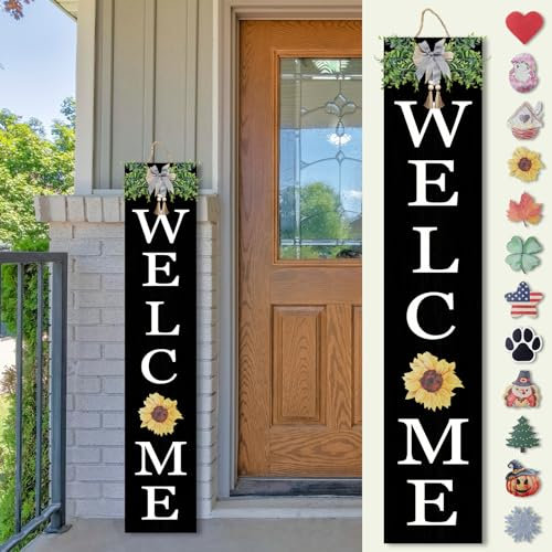 Interchangeable Welcome Sign for Front Porch Standing 47X8 Large with 12 Pcs Replaceable Icons Outdoor Wood Frame Welcome Signs Vertical Farmhouse Rustic Seasonal Decor (Black)