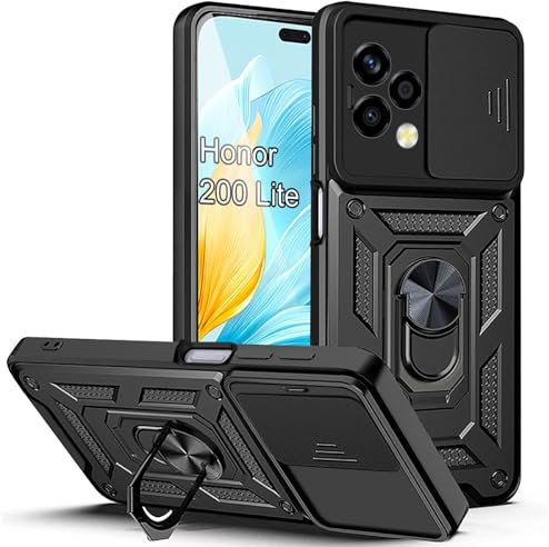 XCYYOO Hülle Honor 200 Lite mit Ring Handyhülle Magnetische Autohalterung 360° Halter Ständer Silikon Kameraschutz Schutzhülle 360 Metall Ring Halter Stoßfest Bumper Case- Schwarz