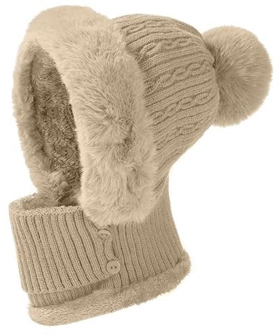 JFAN Strickmützen Winter für Damen Warme Kapuzen Schal Plüsch Hoodie Mütze Kapuzenschal Wintermütze für Frauen Outdoor Beige