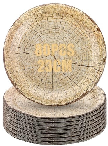 Oungy 80 platos de papel redondos de 23 cm, platos desechables de cartón, platos desechables para fiestas, platos con corteza de árbol, platos de fiesta marrones desechables, platos de madera para