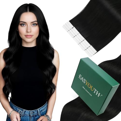 Easyouth Tape Extensions Echthaar Schwarz für Natürlichen Look 1 55cm | Tapes Extension Remy Menschenhaar Jet Schwarz Natürlicher Glanz, für Gezielte Highlights, Weiche Textur, 50g, 20stücke